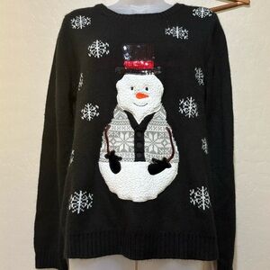 Karen Scott Ugly Christmas Sweater XL Black with Snowman and Sequin Top Hat